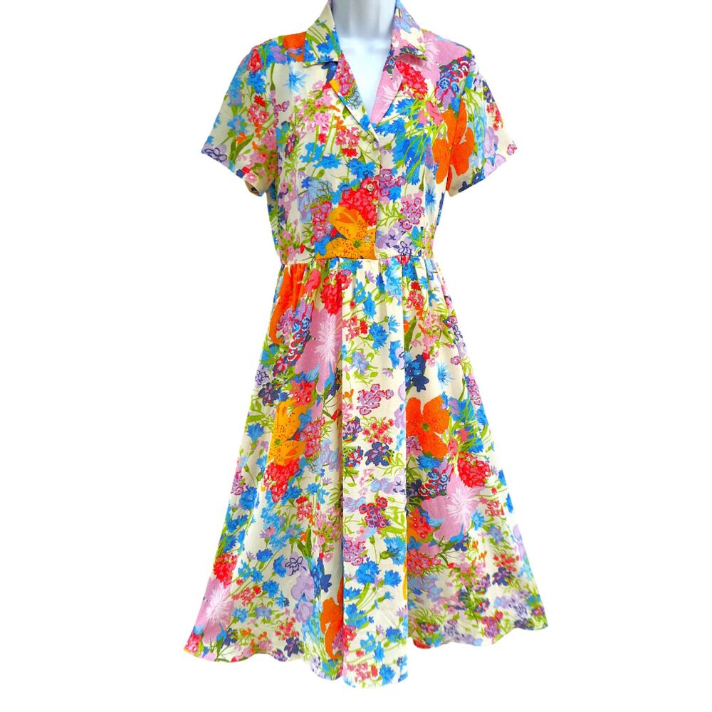 Entro Colorful Floral Shirtwaist Midi Dress MOP Shell Buttons Lined Flare Skirt